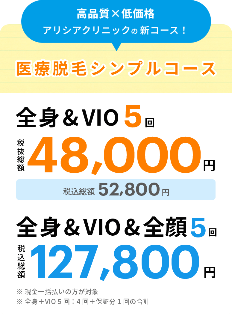 医療脱毛シンプルコース 全身医療脱毛 5回 税抜総額48,000円（税込52,800円）