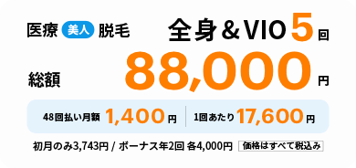全身医療脱毛 5回 総額税込88,000円／月額1,400円